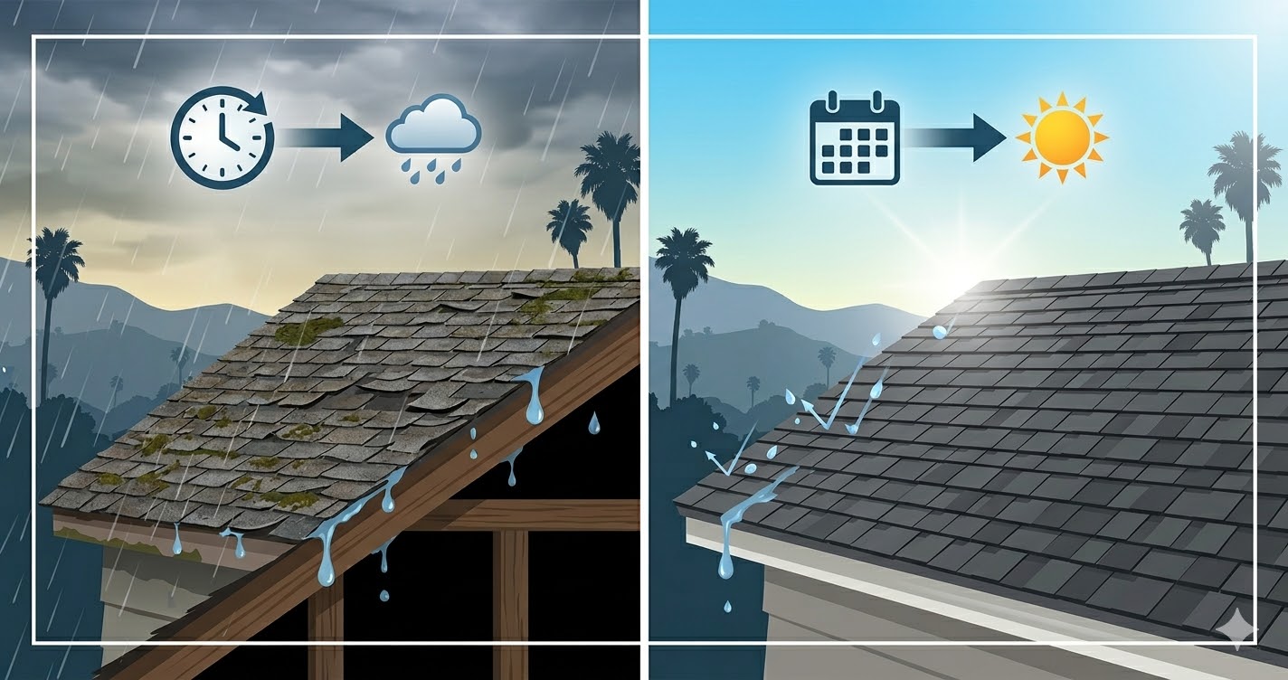 A split-screen comparison: leaky, storm-damaged roof vs new, sunny roof.